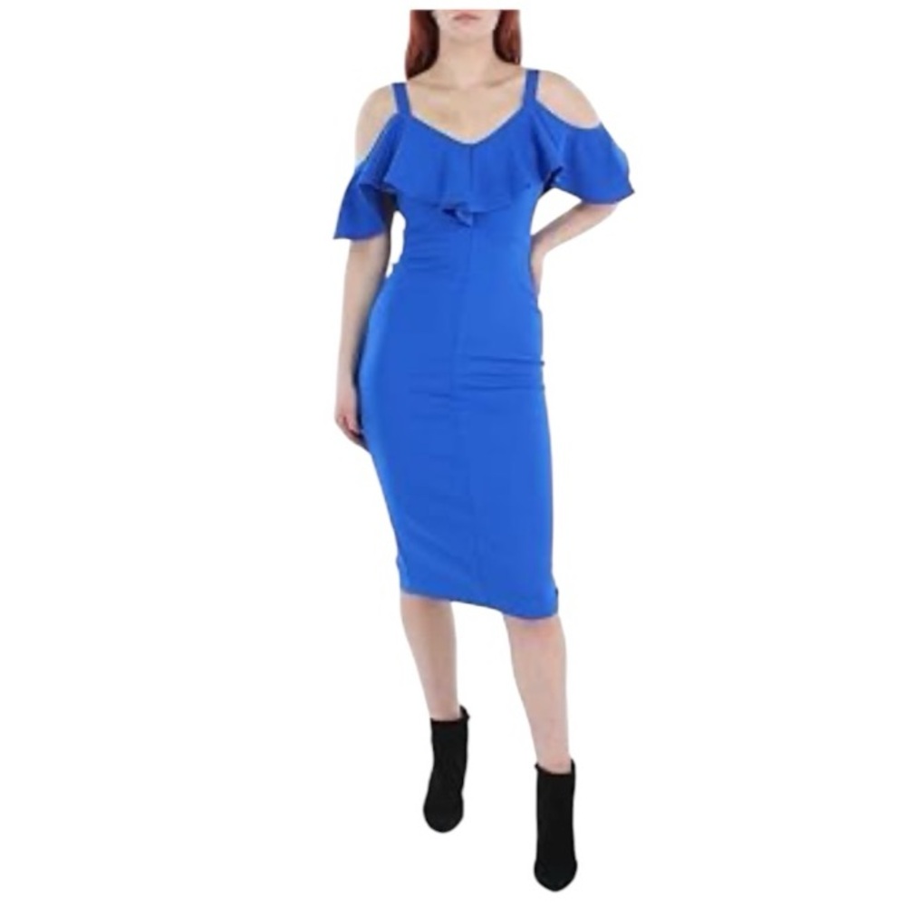 NWT RACHEL Rachel Roy Marcella Blue Cold Shoulder Ruffle Midi Dress XS